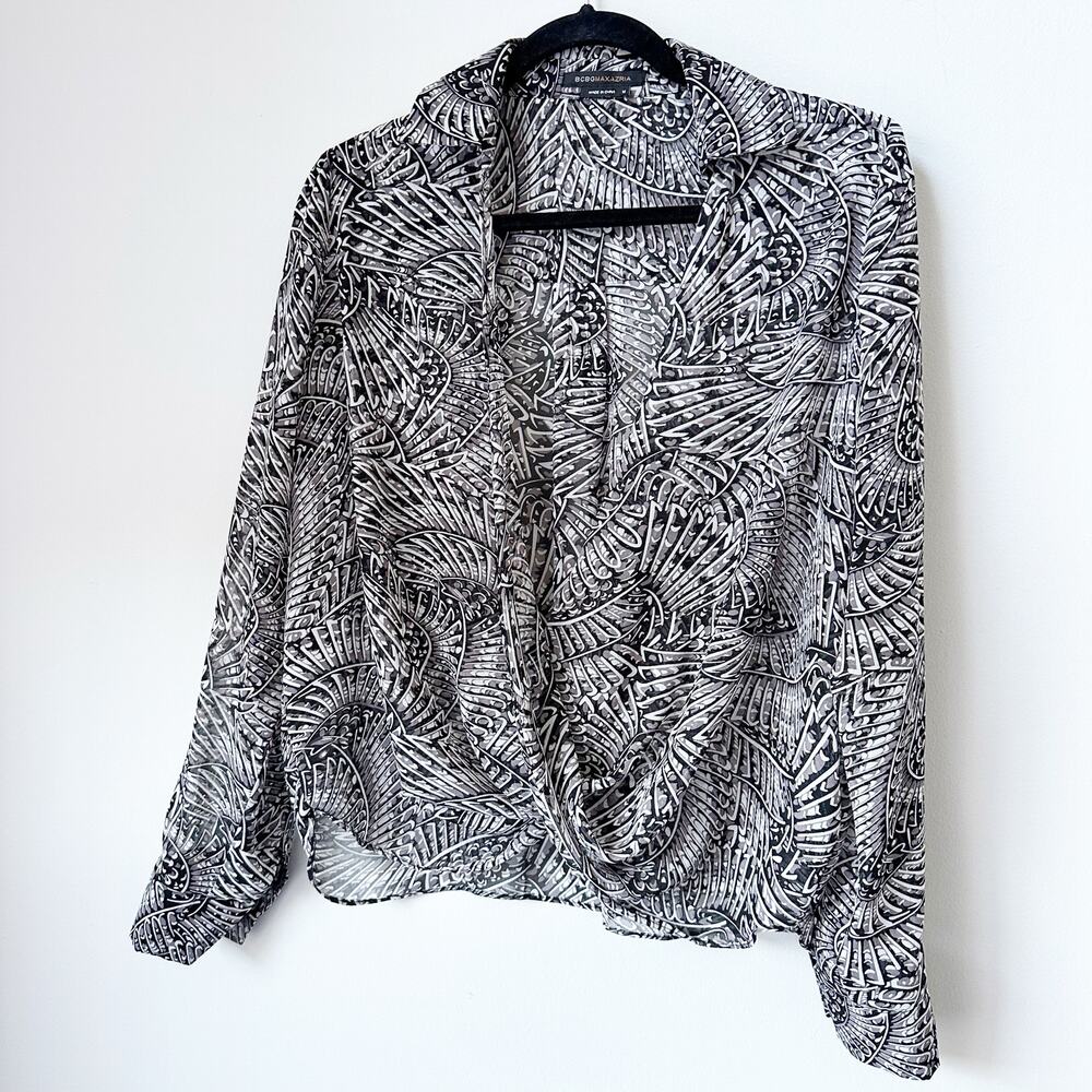 BCBGMAXAZRIA Black White Abstract Wrap Blouse Size M